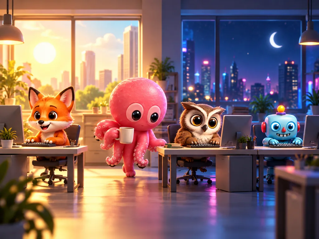 The octopus boss walks through the office with a coffee while the fox, the owl and the robot keep working, half in daylight and half at night